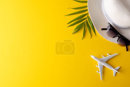 Téléchargez les photos : Modèle d'avion, chapeau de paille, lunettes de soleil et plante sur fond jaune avec espace de copie. Voyages, transports et vacances. - en image libre de droit