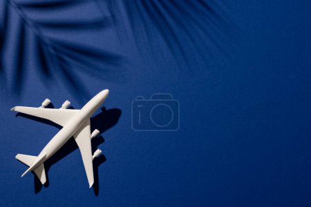 Foto de Primer plano del modelo de avión con hojas sombras sobre fondo azul con espacio de copia. Viajes, transporte y vacaciones. - Imagen libre de derechos