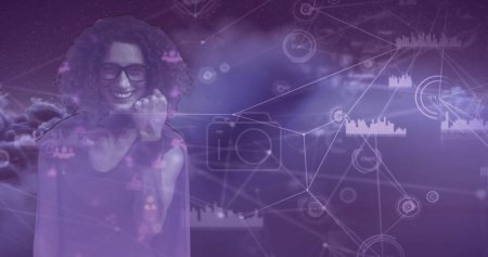 Photo for Composition of connections with data processing over caucasian woman on purple background. Technology, computing and digital interface concept digitally generated image. - Royalty Free Image