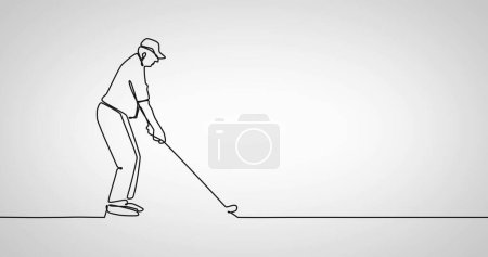 Zusammensetzung der Zeichnungslinie mit einem Mann, der Golf auf weißem Hintergrund spielt. Sport, Zeichnung und Kunstkonzept digital generiertes Bild.