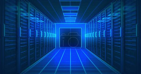 Photo for Composition of blue light over server room. Technology, computing and online security concept digitally generated image. - Royalty Free Image