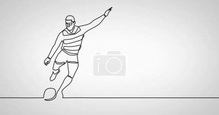 Zusammensetzung der Linie mit einem Mann, der Rugby auf weißem Hintergrund spielt. Sport, Zeichnung und Kunstkonzept digital generiertes Bild.