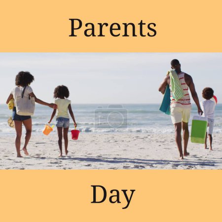 Photo for Composition of happy parents day text over happy african american family at beach. Parents day and celebration, digitally generated image. - Royalty Free Image