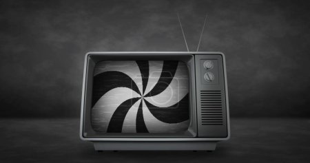 Retro-Fernseher mit schwarz-weißen Streifen auf dem Bildschirm auf grauem Hintergrund. Vintage-Fernseh- und Kommunikationskonzept digital generiertes Bild.