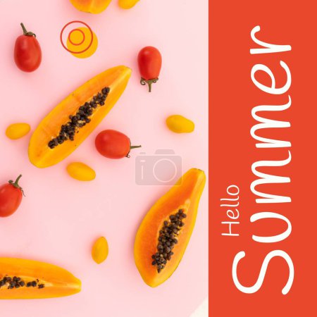 Photo for Composite of hello summer text and papayas with red and yellow cherry tomatoes, copy space. Summer, season, welcome, food, fruit and healthy concept. - Royalty Free Image