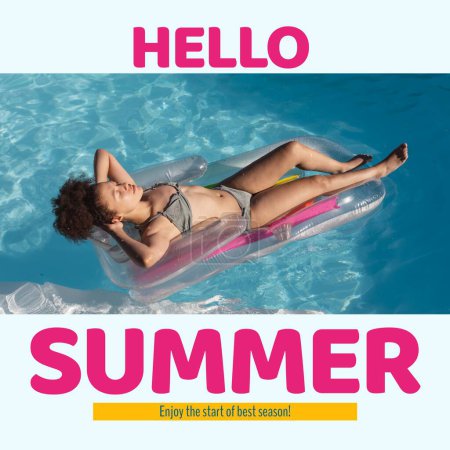 Photo for Hello summer text and biracial woman in bikini with inflatable ring floating and relaxing in pool. Composite, enjoy the start of best season, pool party, seductive, enjoyment and holiday concept. - Royalty Free Image