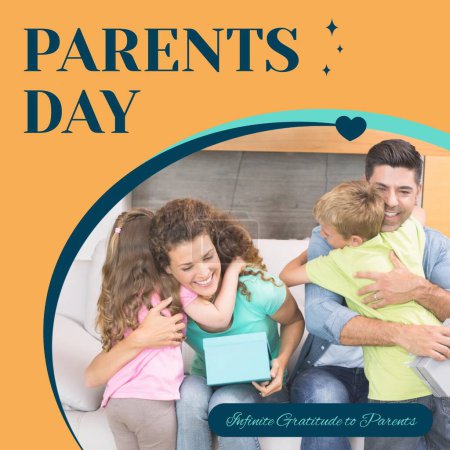 Photo for Composition of parents day text over caucasian couple with son and daughter. Parents day and family concept digitally generated image. - Royalty Free Image
