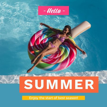 Photo for Composite of hello summer text and biracial happy young woman lying on floating popsicle in pool. Bikini, relaxing, enjoy the start of best season, pool party, enjoyment and holiday concept. - Royalty Free Image
