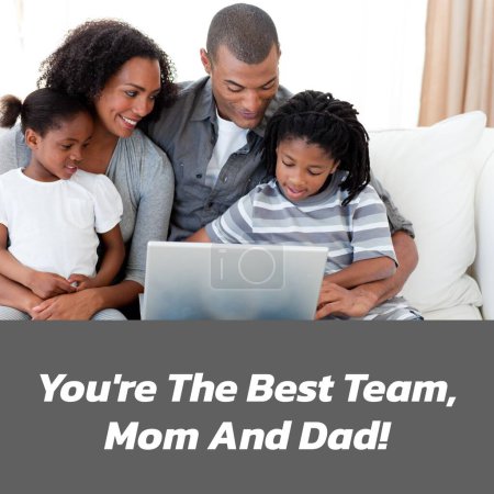 Photo for Composition of happy parents day text over happy african american family using laptop. Parents day and celebration, digitally generated image. - Royalty Free Image