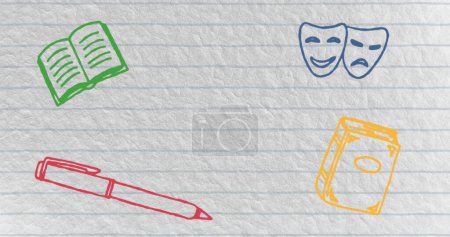 Foto de Imagen de múltiples iconos conceptuales de la escuela contra el fondo de papel blanco desmenuzado. Concepto de escuela y educación - Imagen libre de derechos