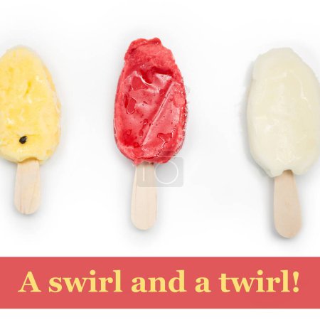 Photo for Composition of happy ice cream day text over ice cream on sticks. Ice cream day and celebration, digitally generated image. - Royalty Free Image
