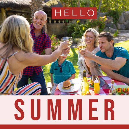 Photo for Composition of hello summer text over caucasian family having drink in summer garden. Hello summer, family time and vacation concept digitally generated image. - Royalty Free Image