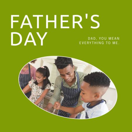 Photo for Composition of father's day text over african american couple with son and daughter baking. Father's day and family concept digitally generated image. - Royalty Free Image