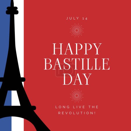 Foto de Composición de texto feliz día de la bastilla sobre la bandera de Francia y la torre eiffel. Día de la Bastilla y concepto de celebración, imagen generada digitalmente. - Imagen libre de derechos