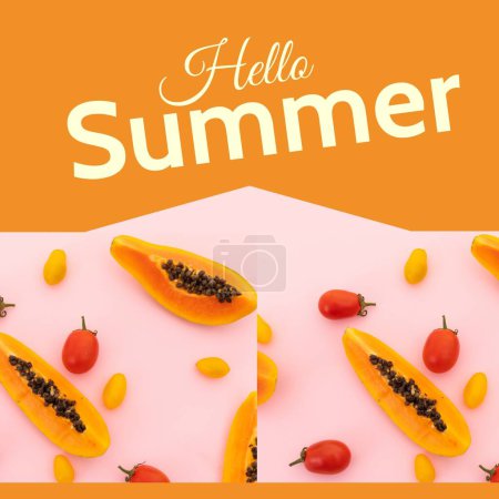 Téléchargez les photos : Composite de bonjour texte d'été et des papayes fraîches avec des tomates cerises rouges et jaunes, espace de copie. Été, saison, bienvenue, nourriture, fruits et concept sain. - en image libre de droit