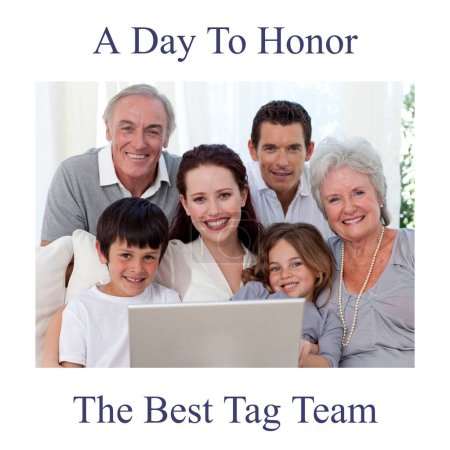 Photo for Composition of happy parents day text over happy caucasian family with laptop. Parents day and celebration, digitally generated image. - Royalty Free Image