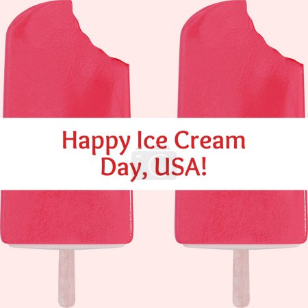 Photo for Composition of happy ice cream day text over red ice cream. Ice cream day and celebration, digitally generated image. - Royalty Free Image