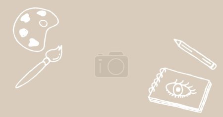 Foto de Composición de los iconos del arte escolar con espacio de copia sobre fondo beige. Aprendizaje, educación y arte concepto de imagen generada digitalmente. - Imagen libre de derechos