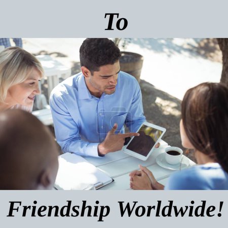 Photo for Composition of happy friendship day text over happy diverse friends using tablet. Friendship day and celebration, digitally generated image. - Royalty Free Image