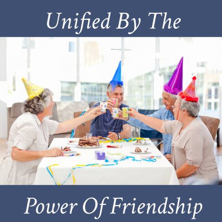 Photo for Composition of happy friendship day text over senior caucasian friends having birthday party. Friendship day and celebration, digitally generated image. - Royalty Free Image