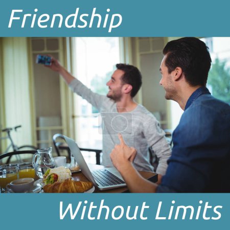 Photo for Composition of friendship without limits text over caucasian male friends taking selfie. Friendship day and celebration, digitally generated image. - Royalty Free Image