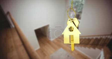 Téléchargez les photos : Image de clé en or et porte-clés de la maison sur l'intérieur de la maison floue. immobilier, développeur entreprise et déménagement concept image générée numériquement. - en image libre de droit