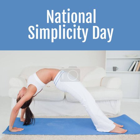 Téléchargez les photos : Composition du texte de la journée nationale de simplicité sur l'homme caucasien pratiquant le yoga sur tapis. Journée nationale de la simplicité, concept de vie calme et simple image générée numériquement. - en image libre de droit