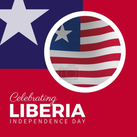 Photo for Celebrating liberia independence day text on red, white star on blue and liberian flag in white ring. National anniversary celebration of liberian independence. - Royalty Free Image