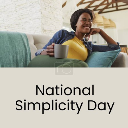 Photo for Composition of national simplicity day text over african american woman smiling with cup of tea. National simplicity day, calm and simple life concept digitally generated image. - Royalty Free Image