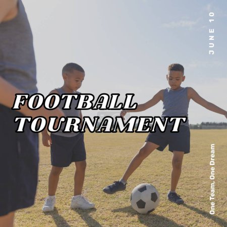 Photo for Composition of football tournament text over diverse male soccer players playing at stadium. Global sport and celebration concept, digitally generated image. - Royalty Free Image