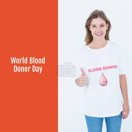 Photo for Composition of world blood donor day text over happy caucasian woman in blood donor t shirt. World blood donor day, helping, health, medicine and blood donating concept digitally generated image. - Royalty Free Image