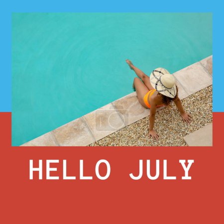 Photo for Composition of hello july text over biracial woman in bikini by swimming pool. Summer, july, sun, relaxing and vacation concept digitally generated image. - Royalty Free Image