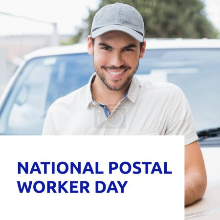 Photo for Composition of national postal worker day text over happy caucasian delivery man. National postal worker day, shipping, delivering and postal services concept digitally generated image. - Royalty Free Image