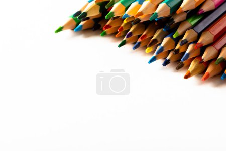 Photo for Close up of multi coloured pencils and copy space on white background. Writing, colouring, learning, school and education concept. - Royalty Free Image