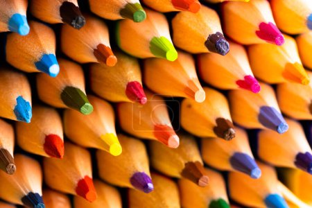 Photo for Close up of multi coloured pencils with sharpened ends. Writing, colouring, learning, school and education concept. - Royalty Free Image