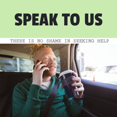 Téléchargez les photos : Composition de nous parler, il n'y a pas de honte à chercher des textes d'aide et l'homme albinos afro-américain. Sensibilisation à la santé mentale et concept d'aide image produite numériquement. - en image libre de droit