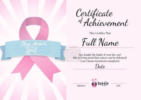 Photo for Illustration of certificate of achievement, this certifies that full name text with awareness ribbon. Finishing, survive, healthcare, cancer, success, award, template, art, design and celebration. - Royalty Free Image