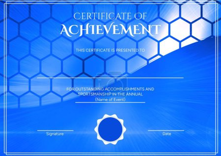 Foto de Ilustración del certificado de logro, este certificado se presenta al texto, patrones de hexágono. Deporte, acabado, evento, éxito, premio, plantilla, arte, diseño y concepto de celebración. - Imagen libre de derechos