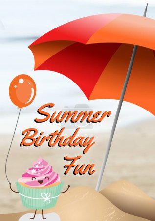 Téléchargez les photos : Composite de texte amusant d'anniversaire d'été avec cupcake, ballon, parapluie au-dessus de la mer, espace de copie. Nature, salutation, carte d'anniversaire, célébration, souhait, événement, modèle, art, affiche et concept de design. - en image libre de droit