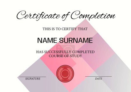 Foto de Ilustración del certificado de cumplimentación, esto es para certificar ese nombre apellido texto. Completado con éxito curso de estudio, acabado, aprendizaje, logro, premio, plantilla, arte, diseño. - Imagen libre de derechos