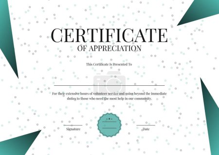Foto de Ilustración del certificado de apreciación, este certificado se presenta al texto en plantilla blanca. Copiar espacio, lunares, premio, éxito, plantilla, arte, logro y concepto de diseño. - Imagen libre de derechos