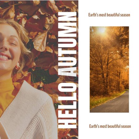 Téléchargez les photos : Hello autumn text over smiling caucasian woman lying in fallen leaves, and autumn trees by road. Autumn season appreciation promotional campaign. - en image libre de droit