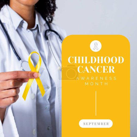 Photo for Childhood cancer awareness month text on yellow over biracial female doctor holding yellow ribbon. Medical awareness campaign in support of child cancer sufferers. - Royalty Free Image