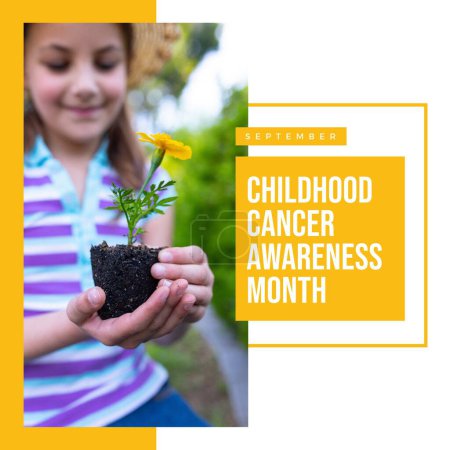 Téléchargez les photos : Childhood cancer awareness month text on yellow and happy caucasian girl holding yellow flower. Medical awareness campaign in support of child cancer sufferers. - en image libre de droit