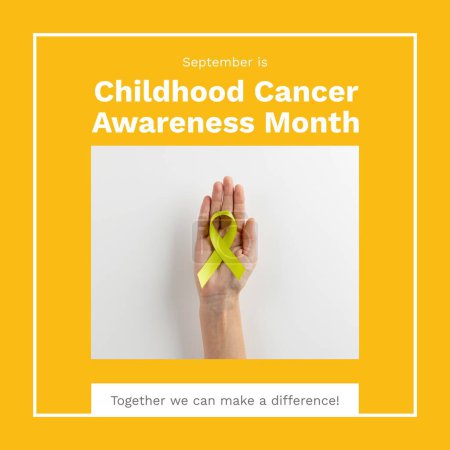 Photo for Childhood cancer awareness month text on yellow and caucasian female hand holding yellow ribbon. Medical awareness campaign in support of child cancer sufferers. - Royalty Free Image