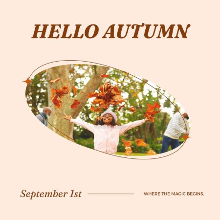 Photo for Hello autumn text in brown with happy african american girl thowing fallen leaves, on beige. Autumn season appreciation promotional campaign. - Royalty Free Image