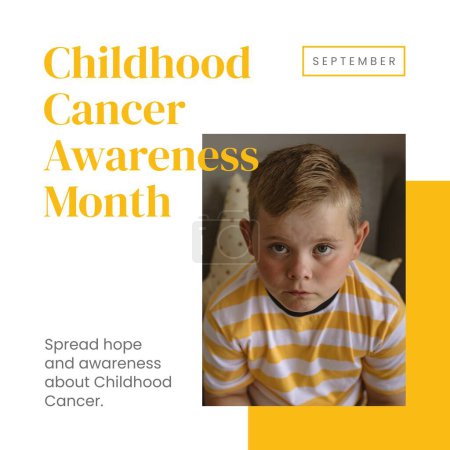 Photo for Childhood cancer awareness month text in yellow and caucasian boy in yellow striped t shirt. Medical awareness campaign in support of child cancer sufferers. - Royalty Free Image