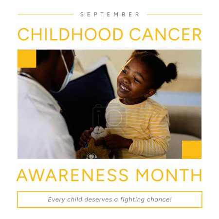 Téléchargez les photos : Childhood cancer awareness month text with smiling african american girl patient and male doctor. Medical awareness campaign in support of child cancer sufferers. - en image libre de droit