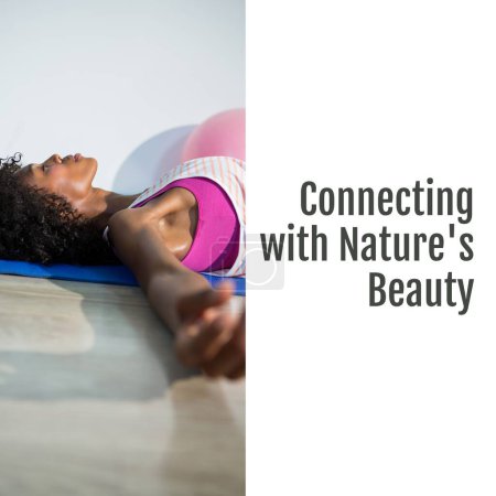 Photo for Composition of connections with nature's beauty text over african american woman meditating. National simplicity day, calm and simple life concept digitally generated image. - Royalty Free Image