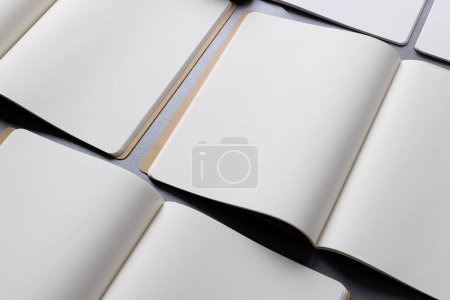 Photo for Close up of open books with copy space on grey background. Literature, reading, writing, leisure time and books. - Royalty Free Image